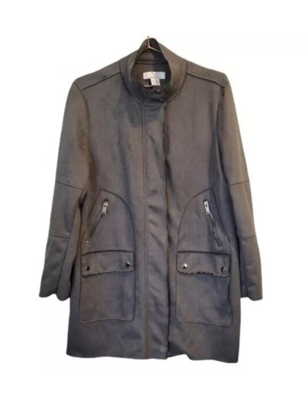 M Magaschoni | Faux Vegan Leather Suede Full Zip Mock Collar Moto Jacket Gray